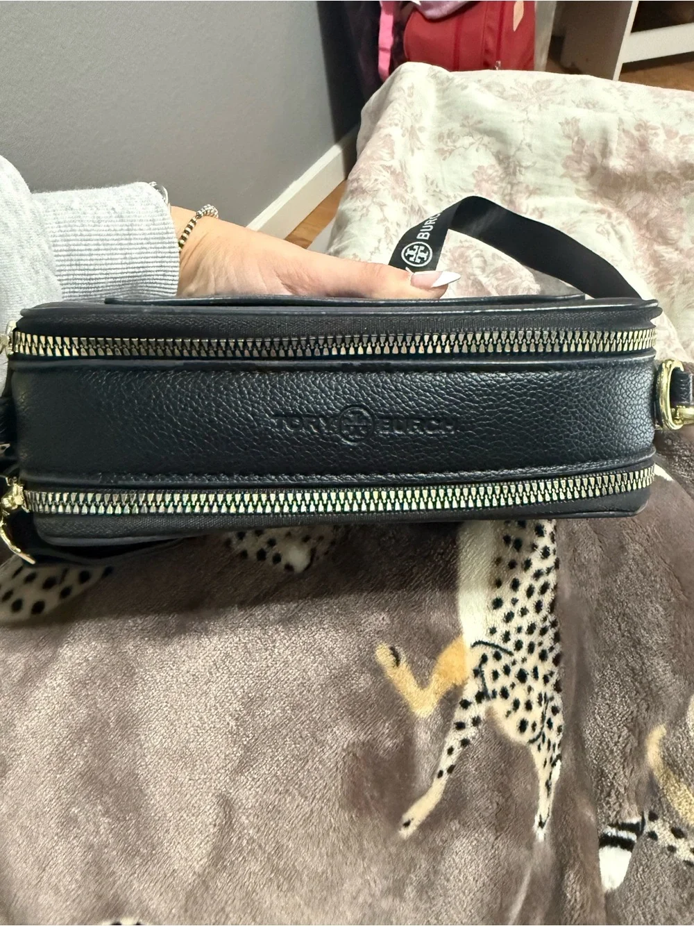 Tory Burch Black Pebbled Leather Camera Crossbody with Logo
